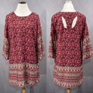 Burgundy Floral Ethnic Print Boho Mini Dress